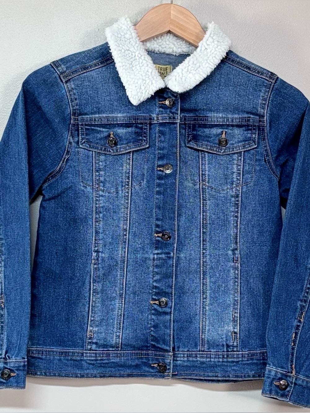 Boys Sherpa Collar Denim Jean Jacket Snap Front Youth L True Craft